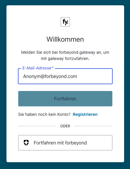 Anmeldemaske Willkommen mit Feld für die E-Mail-Adresse